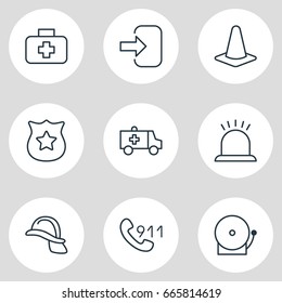 Vector Illustration Of 9 Necessity Icons. Editable Pack Of Siren, Badge, Hardhat And Other Elements.