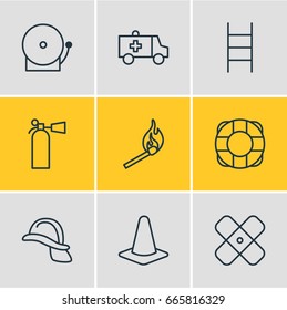 Vector Illustration Of 9 Necessity Icons. Editable Pack Of Safety, Adhesive, Siren And Other Elements.