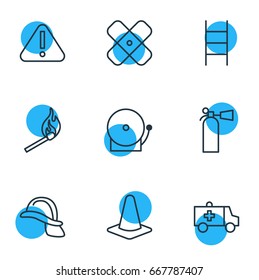 Vector Illustration Of 9 Necessity Icons. Editable Pack Of Hardhat, First-Aid, Safety And Other Elements.