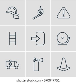Vector Illustration Of 9 Necessity Icons. Editable Pack Of Stairs, Fire, Hardhat And Other Elements.