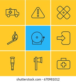 Vector Illustration Of 9 Necessity Icons. Editable Pack Of Spike, Ax, Medical Case And Other Elements.