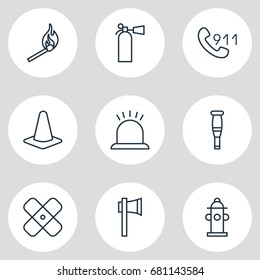 Vector Illustration Of 9 Necessity Icons. Editable Pack Of Safety, Hotline, Alarm And Other Elements.