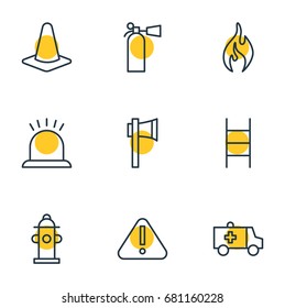 Vector Illustration Of 9 Necessity Icons. Editable Pack Of Ax, Stairs, Safety And Other Elements.