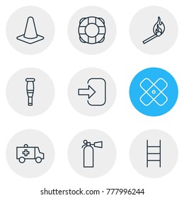 Vector illustration of 9 necessity icons line style. Editable set of crutches, lifebuoy, extinguisher and other elements.