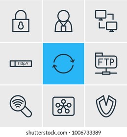 Vector illustration of 9 network icons line style. Editable set of synchronize, link, ftp and other icon elements.