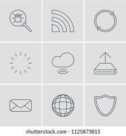 Vector illustration of 9 network icons line style. Editable set of cloud network, mail, magnifier and other icon elements.