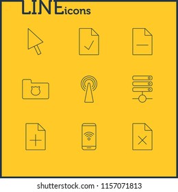 Vector illustration of 9 network icons line style. Editable set of database, approved page, add data and other icon elements.