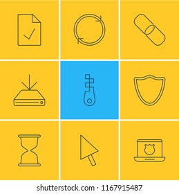 Vector illustration of 9 network icons line style. Editable set of shield, zip, cursor and other icon elements.