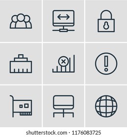 Vector illustration of 9 network icons line style. Editable set of users, wired, no connection and other icon elements.