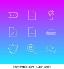 Vector illustration of 9 network icons line style. Editable set of delete document, remove file, magnifier and other icon elements.