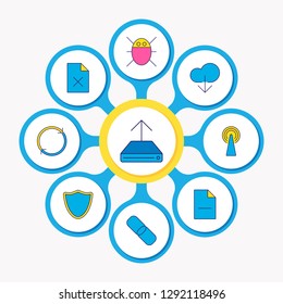 Vector illustration of 9 network icons colored line. Editable set of bug, router, delete file and other icon elements.