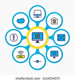 Vector Illustration Of 9 Network Icons Colored Line. Editable Set Of Root Server, Cloud Storage, Voip Gateway And Other Icon Elements.