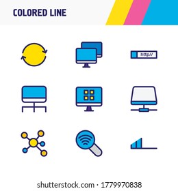 Vector illustration of 9 network icons colored line. Editable set of scan wi-fi, web address, sync and other icon elements.