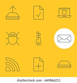 Vector Illustration Of 9 Network Icons. Editable Pack Of Hdd Sync, Checked Note, Computer Virus And Other Elements.