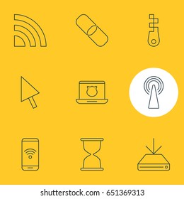 Vector Illustration Of 9 Network Icons. Editable Pack Of Telephone, Router, Secure Laptop And Other Elements.