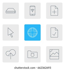 Vector Illustration Of 9 Network Icons. Editable Pack Of Photo, World, Privacy Doc And Other Elements.