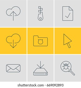 Vector Illustration Of 9 Network Icons. Editable Pack Of Pointer, Information Load, Fastener And Other Elements.