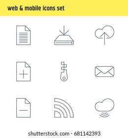 Vector Illustration Of 9 Network Icons. Editable Pack Of Cloud Download, Fastener, Removing File And Other Elements.