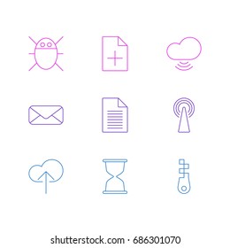Vector Illustration Of 9 Network Icons. Editable Pack Of Letter, Wave, Document Adding And Other Elements.