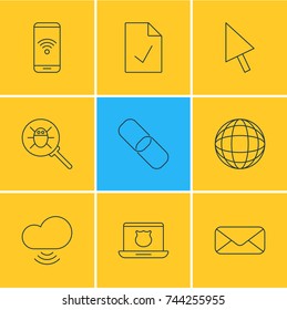 Vector Illustration Of 9 Network Icons. Editable Pack Of Secure Laptop, Pointer, Checked Note And Other Elements.