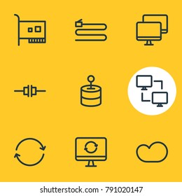 Vector illustration of 9 network icons line style. Editable set of synchronize, card, solve and other elements.