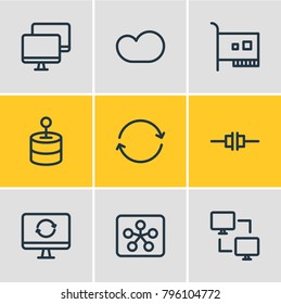 Vector illustration of 9 network icons line style. Editable set of solve, synchronize, card and other elements.