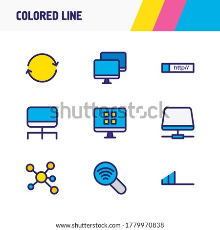 Vector illustration of 9 network icons colored line. Editable set of scan wi-fi, web address, sync and other icon elements.