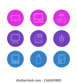 Vector illustration of 9 notebook icons line style. Editable set of monitor, sd card, hdd and other icon elements.