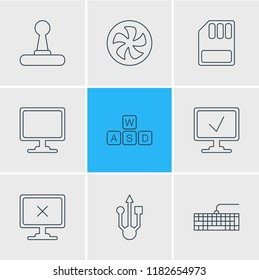 Vector illustration of 9 notebook icons line style. Editable set of input buttons, gaming keypad, joystick and other icon elements.