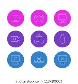 Vector illustration of 9 notebook icons line style. Editable set of modem, protected PC, game controller and other icon elements.