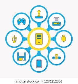 Vector illustration of 9 notebook icons colored line. Editable set of qwerty, phone, floppy disk and other icon elements.