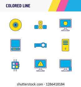 Vector illustration of 9 notebook icons colored line. Editable set of camera lens, warning, protected computer and other icon elements.