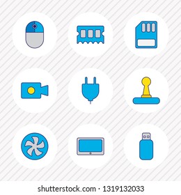 Vector illustration of 9 notebook icons colored line. Editable set of fan, joystick, plug and other icon elements.