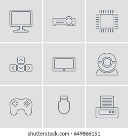Vector Illustration Of 9 Notebook Icons. Editable Pack Of Serial Bus, Gamepad, Microprocessor And Other Elements.