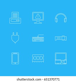 Vector Illustration Of 9 Notebook Icons. Editable Pack Of Headsets, Qwerty Board, Presentation And Other Elements.