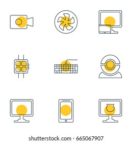 Vector Illustration Of 9 Notebook Icons. Editable Pack Of Modern Watch, Movie Cam, Cooler And Other Elements.