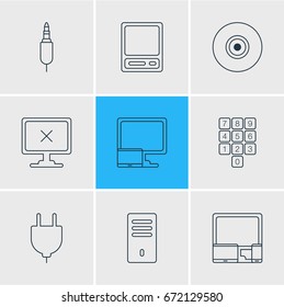 Vector Illustration Of 9 Notebook Icons. Editable Pack Of Number Keypad, Socket, Gadgets And Other Elements.