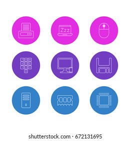 Vector Illustration Of 9 Notebook Icons. Editable Pack Of Number Keypad, Laptop, Phone Near Computer And Other Elements.