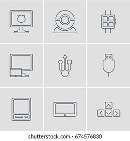 Vector Illustration Of 9 Notebook Icons. Editable Pack Of Web Camera, Tablet, Serial Bus And Other Elements.