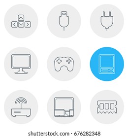 Vector Illustration Of 9 Notebook Icons. Editable Pack Of Screen, Gamepad, Socket And Other Elements.