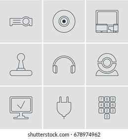 Vector Illustration Of 9 Notebook Icons. Editable Pack Of Headsets, Presentation, Gadgets And Other Elements.