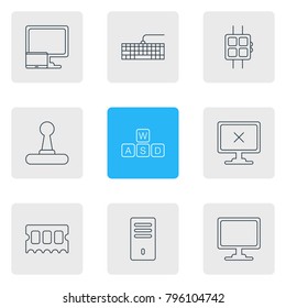 Vector illustration of 9 notebook icons line style. Editable set of modern watch, mainframe, keyboard and other elements.