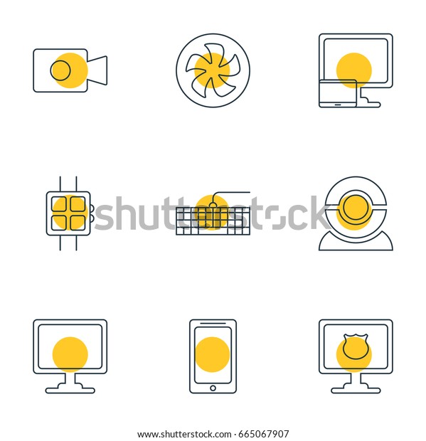 Vector Illustration\
Of 9 Notebook Icons. Editable Pack Of Modern Watch, Movie Cam,\
Cooler And Other\
Elements.