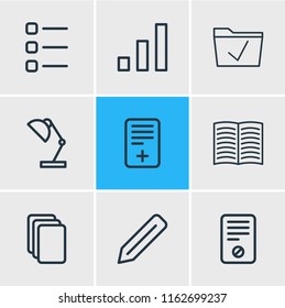 Vector illustration of 9 office icons line style. Editable set of data, ban, table lamp and other icon elements.