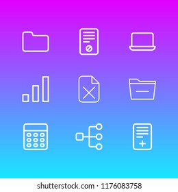 Vector illustration of 9 office icons line style. Editable set of statistics, structure, delete and other icon elements.