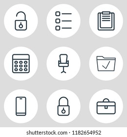 Vector illustration of 9 office icons line style. Editable set of file board, padlock, unlock and other icon elements.