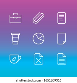 Vector illustration of 9 office icons line style. Editable set of pie chart, briefcase, document and other icon elements.