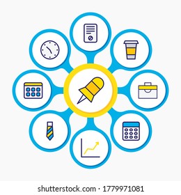 Vector illustration of 9 office icons colored line. Editable set of clock, calculator, pin and other icon elements.