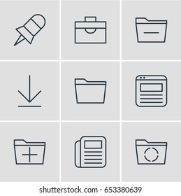 Vector Illustration Of 9 Office Icons. Editable Pack Of Downloading, Deleting Folder, Page And Other Elements.