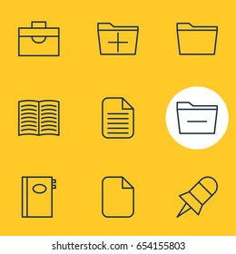 Vector Illustration Of 9 Office Icons. Editable Pack Of Portfolio, Note, Book And Other Elements.
